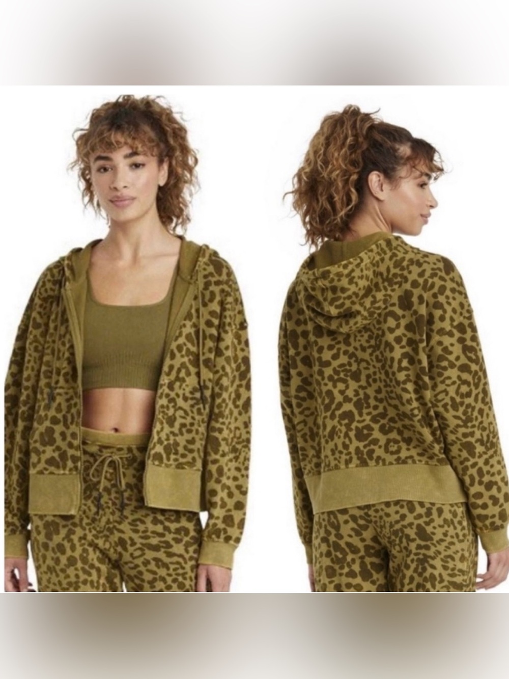 Joy Lab • Olive Leopard Print Zip-Up Sweat Set